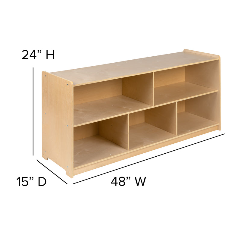 Wooden 5 Section School Classroom Storage Cabinet for Commercial or Home Use - Safe, Kid Friendly Design - 24"H x 48"L (Natural)