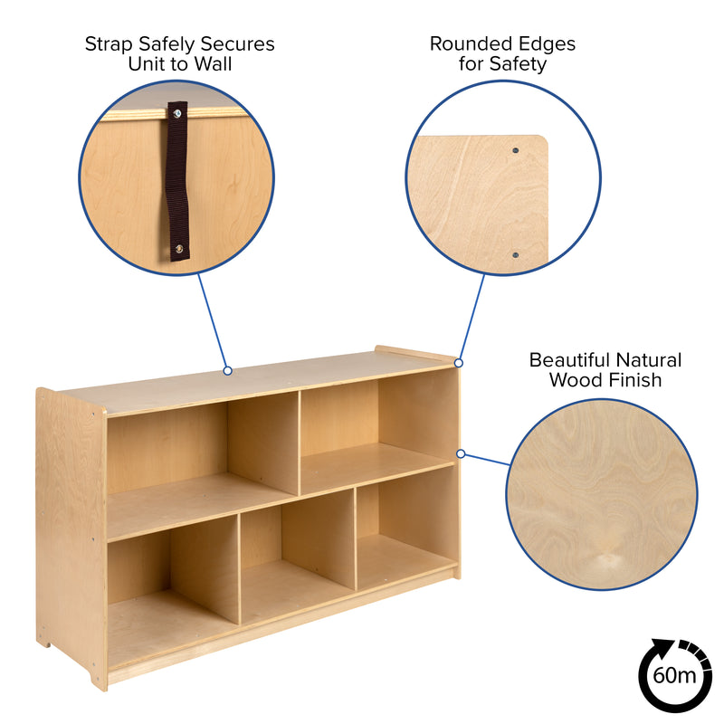 Wooden 5 Section School Classroom Storage Cabinet for Commercial or Home Use - Safe, Kid Friendly Design - 30"H x 48"L (Natural)