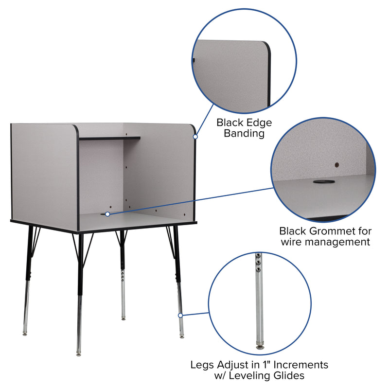 Stand-Alone Study Carrel with Top Shelf - Height Adjustable Legs and Wire Management Grommet - Nebula Grey Finish