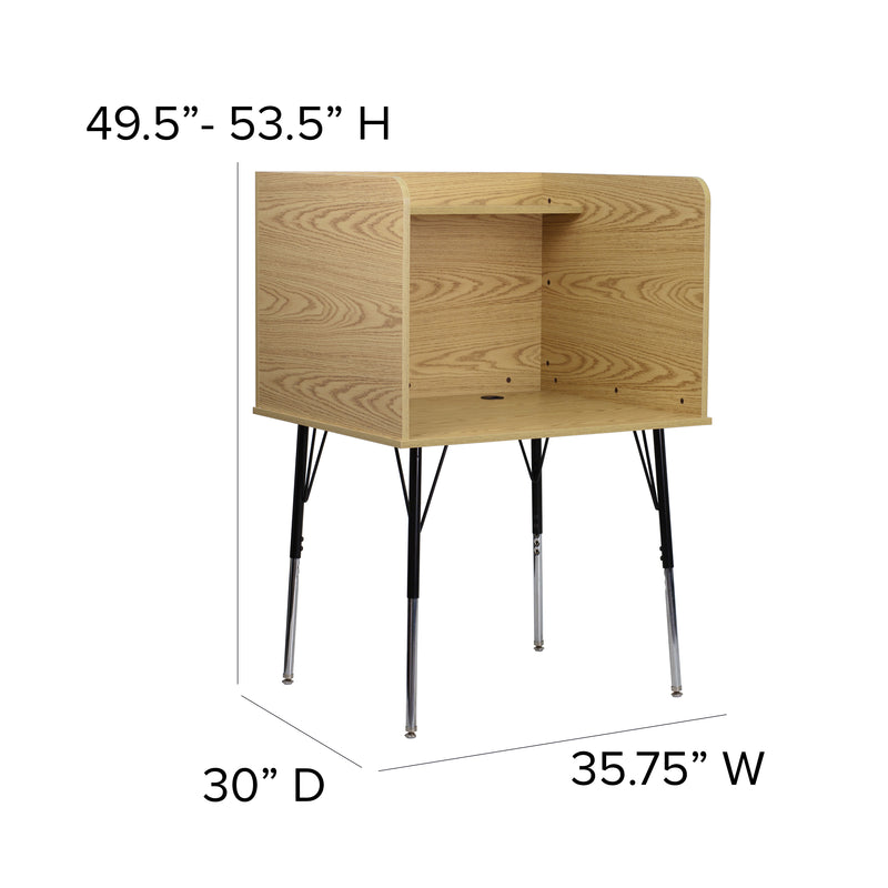 Stand-Alone Study Carrel with Top Shelf - Height Adjustable Legs and Wire Management Grommet - Oak Finish