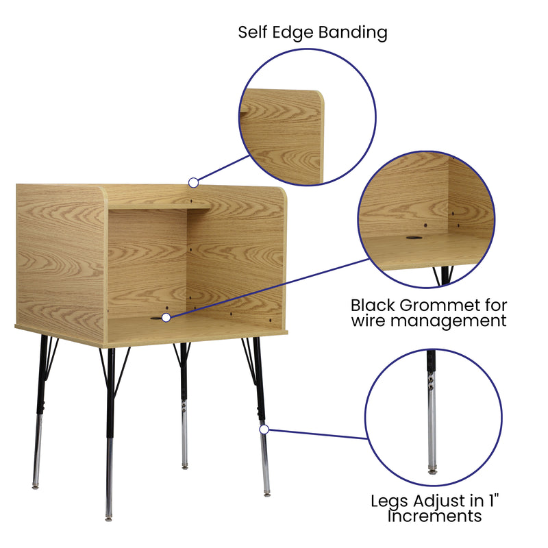 Stand-Alone Study Carrel with Top Shelf - Height Adjustable Legs and Wire Management Grommet - Oak Finish