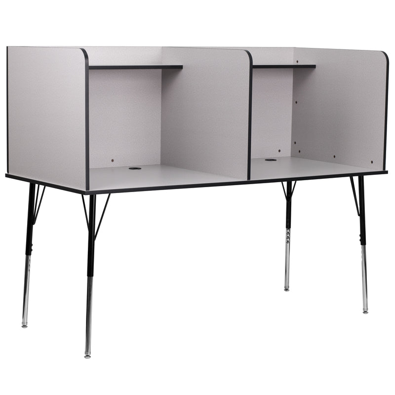 Stand-Alone Double Study Carrel with Top Shelf - Height Adjustable Legs and Wire Management Grommet - Nebula Grey Finish