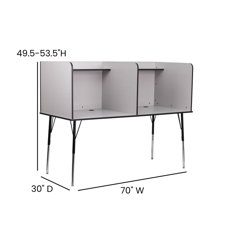 Stand-Alone Double Study Carrel with Top Shelf - Height Adjustable Legs and Wire Management Grommet - Nebula Grey Finish