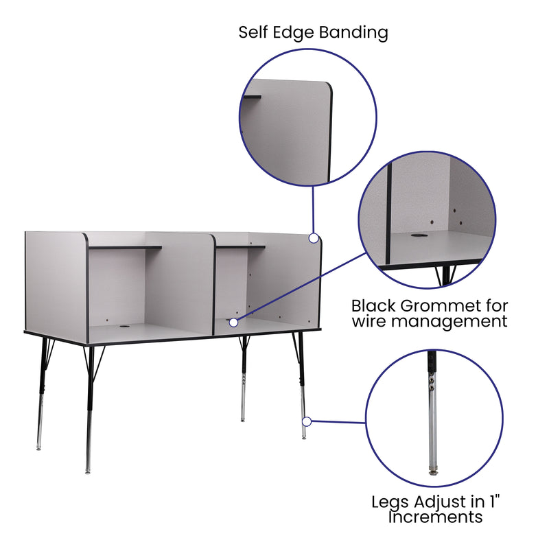 Stand-Alone Double Study Carrel with Top Shelf - Height Adjustable Legs and Wire Management Grommet - Nebula Grey Finish