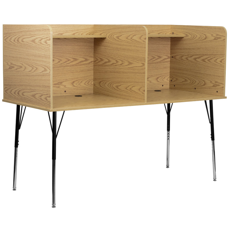 Stand-Alone Double Study Carrel with Top Shelf - Height Adjustable Legs and Wire Management Grommet - Oak Finish