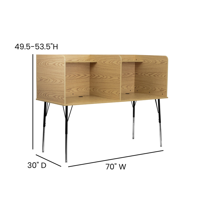 Stand-Alone Double Study Carrel with Top Shelf - Height Adjustable Legs and Wire Management Grommet - Oak Finish