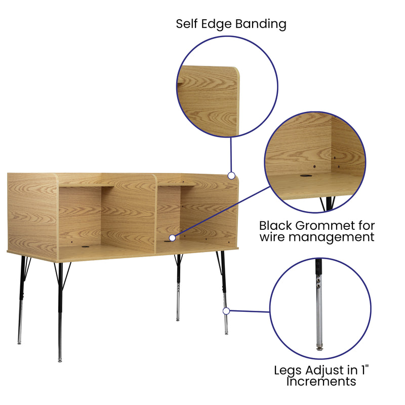 Stand-Alone Double Study Carrel with Top Shelf - Height Adjustable Legs and Wire Management Grommet - Oak Finish