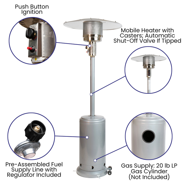 Patio Outdoor Heating-Silver Stainless Steel 40,000 BTU Propane Heater with Wheels for Commercial & Residential Use-7.5 Feet Tall