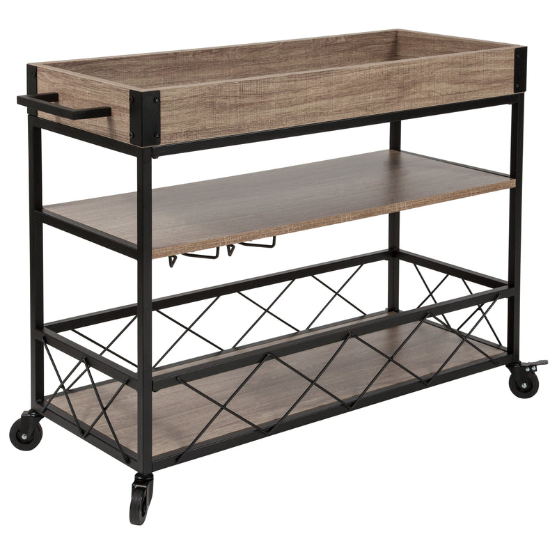 Buckhead Distressed Light Oak Wood and Iron Kitchen Serving and Bar Cart with Wine Glass Holders