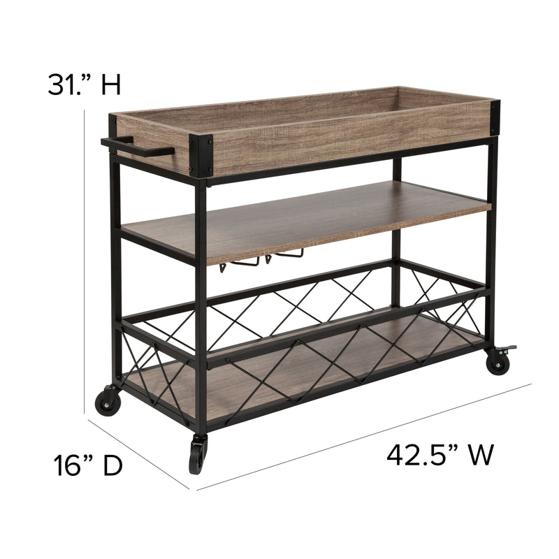 Buckhead Distressed Light Oak Wood and Iron Kitchen Serving and Bar Cart with Wine Glass Holders