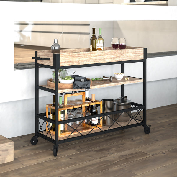 Buckhead Distressed Light Oak Wood and Iron Kitchen Serving and Bar Cart with Wine Glass Holders