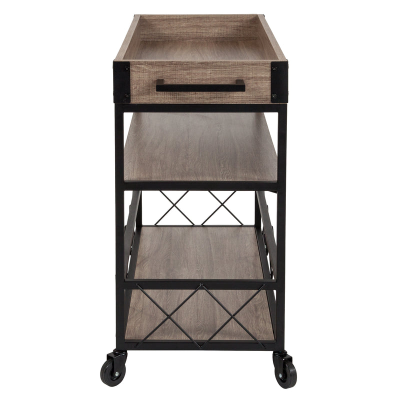 Buckhead Distressed Light Oak Wood and Iron Kitchen Serving and Bar Cart with Wine Glass Holders