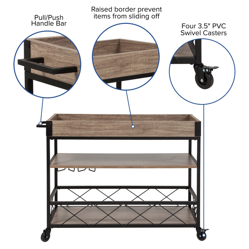 Buckhead Distressed Light Oak Wood and Iron Kitchen Serving and Bar Cart with Wine Glass Holders