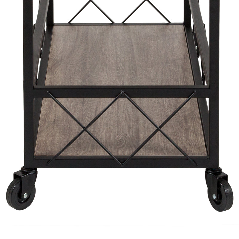 Buckhead Distressed Light Oak Wood and Iron Kitchen Serving and Bar Cart with Wine Glass Holders