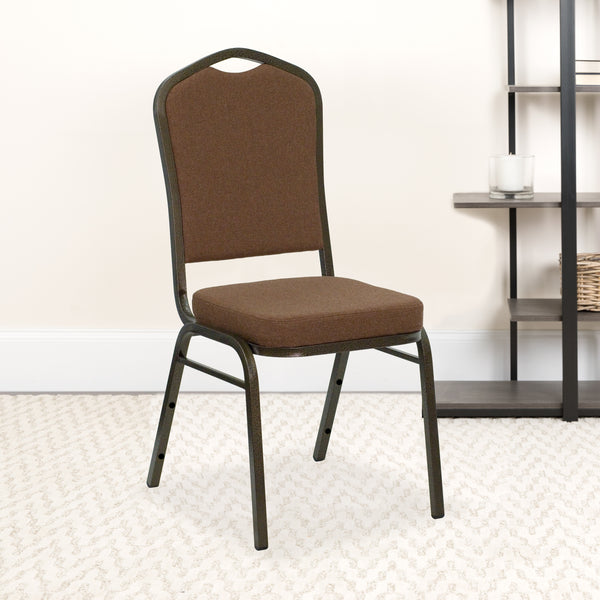 SINGLEWAVE Series Crown Back Stacking Banquet Chair in Coffee Fabric - Gold Vein Frame