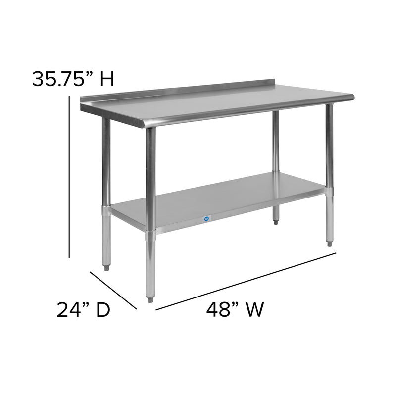 Stainless Steel 18 Gauge Work Table with 1.5" Backsplash and Undershelf - NSF Certified - 48"W x 24"D x 36"H