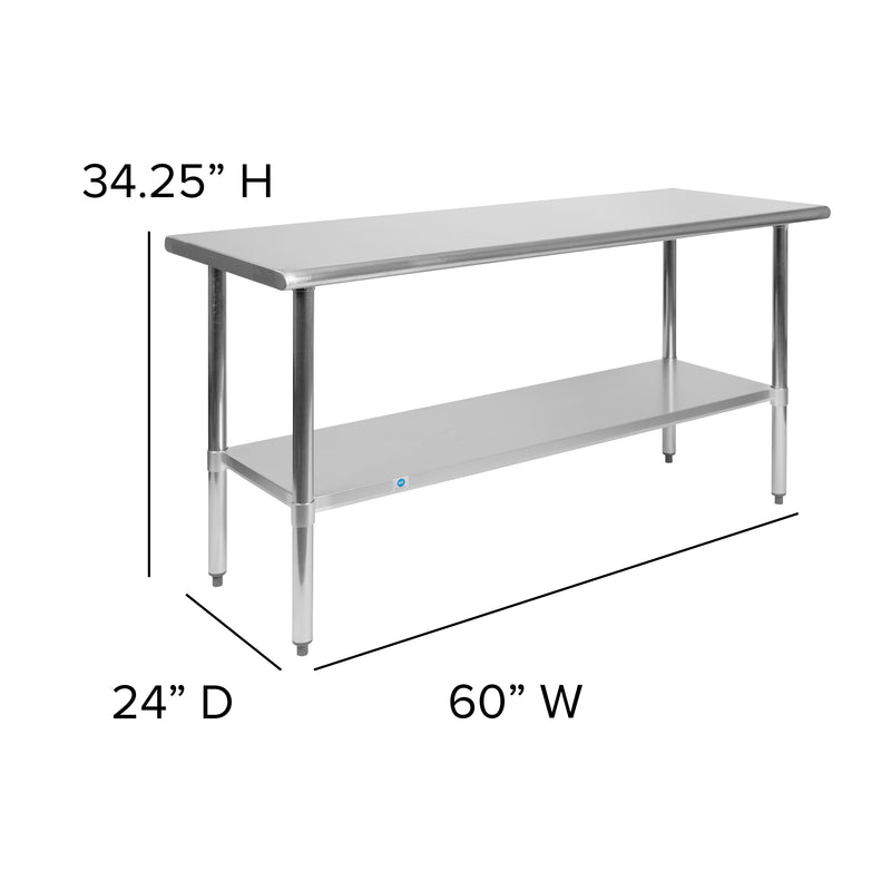 Stainless Steel 18 Gauge Work Table with Undershelf - NSF Certified - 60"W x 24"D x 34.5"H