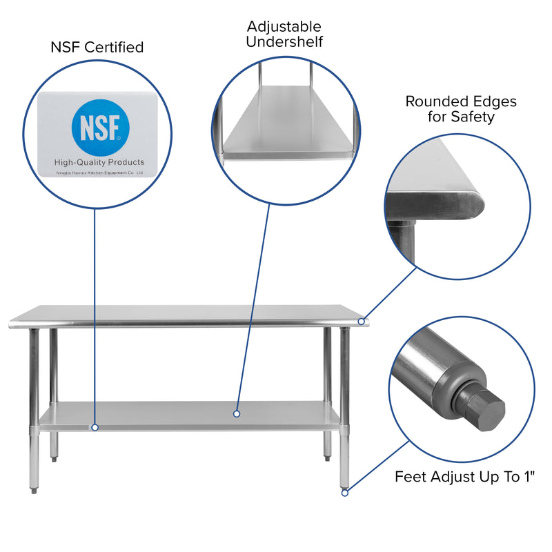 Stainless Steel 18 Gauge Work Table with Undershelf - NSF Certified - 60"W x 24"D x 34.5"H