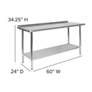 Stainless Steel 18 Gauge Work Table with 1.5" Backsplash and Undershelf - NSF Certified - 60"W x 24"D x 36"H