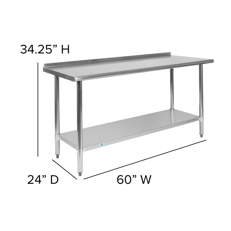 Stainless Steel 18 Gauge Work Table with 1.5" Backsplash and Undershelf - NSF Certified - 60"W x 24"D x 36"H