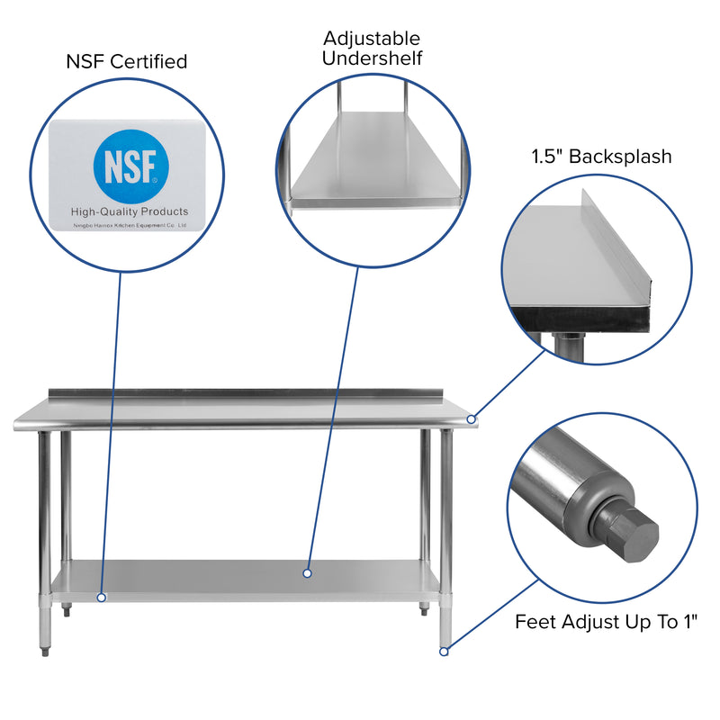 Stainless Steel 18 Gauge Work Table with 1.5" Backsplash and Undershelf - NSF Certified - 60"W x 24"D x 36"H