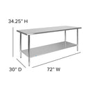 Stainless Steel 18 Gauge Work Table with Undershelf - NSF Certified - 72"W x 30"D x 34.5"H