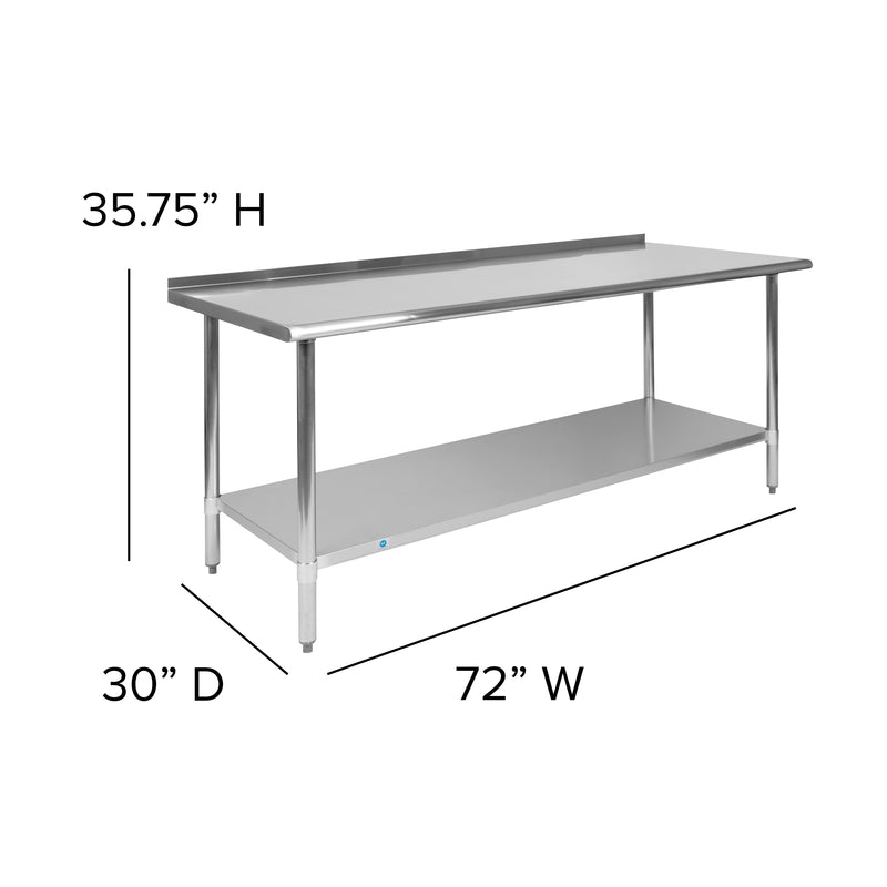 Stainless Steel 18 Gauge Work Table with 1.5" Backsplash and Undershelf - NSF Certified - 72"W x 30"D x 36"H