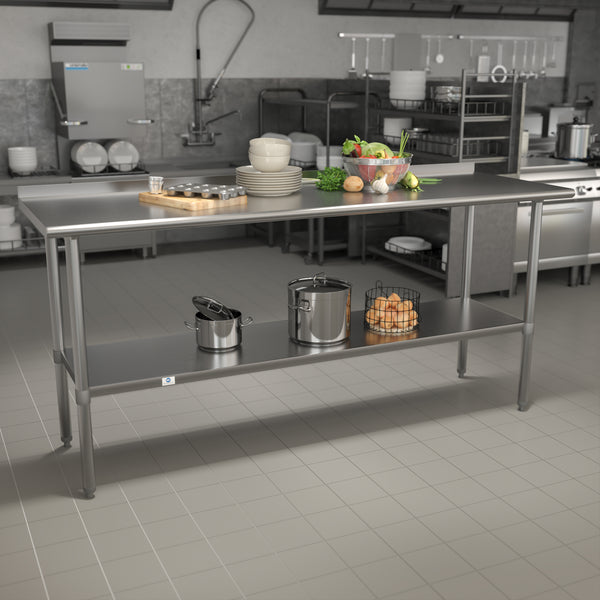 Stainless Steel 18 Gauge Work Table with 1.5" Backsplash and Undershelf - NSF Certified - 72"W x 30"D x 36"H