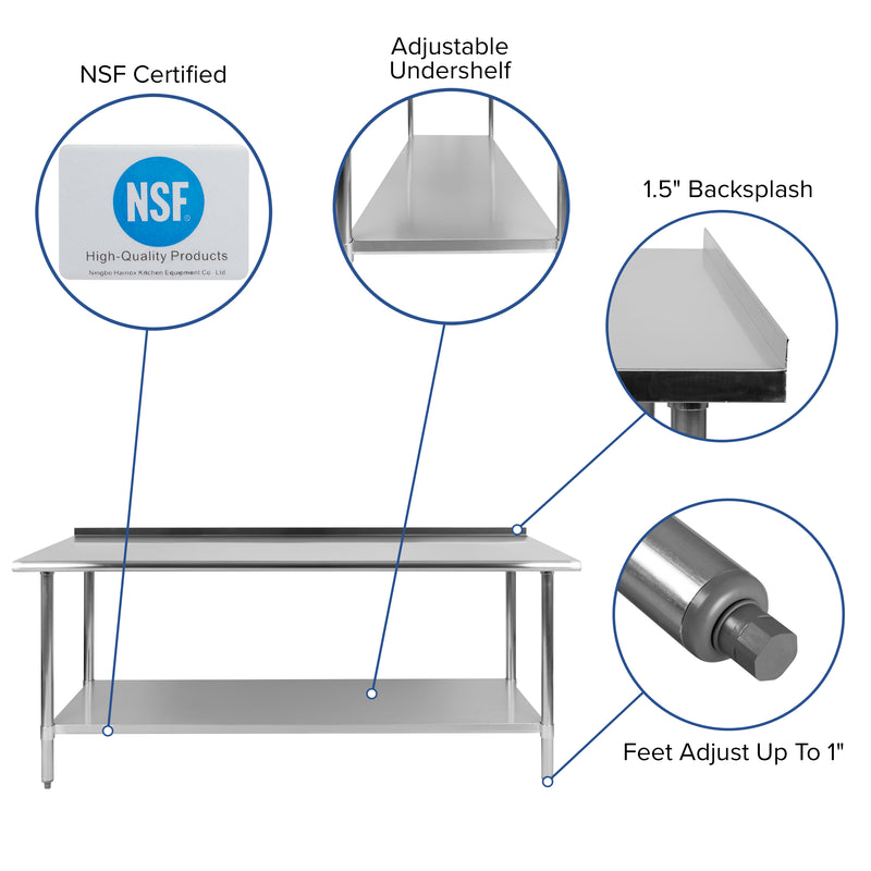 Stainless Steel 18 Gauge Work Table with 1.5" Backsplash and Undershelf - NSF Certified - 72"W x 30"D x 36"H