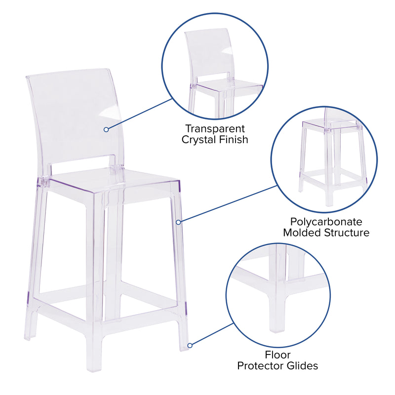 Ghost Counter Stool with Square Back in Transparent Crystal