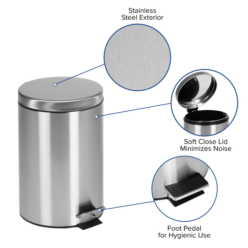 Round Stainless Steel Imprint Resistant Soft Close, Step Trash Can -3.2 Gallons (12L)