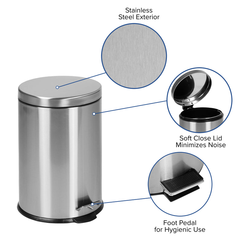 Round Stainless Steel Fingerprint Resistant Soft Close, Step Trash Can - 5.3 Gallons (20L)