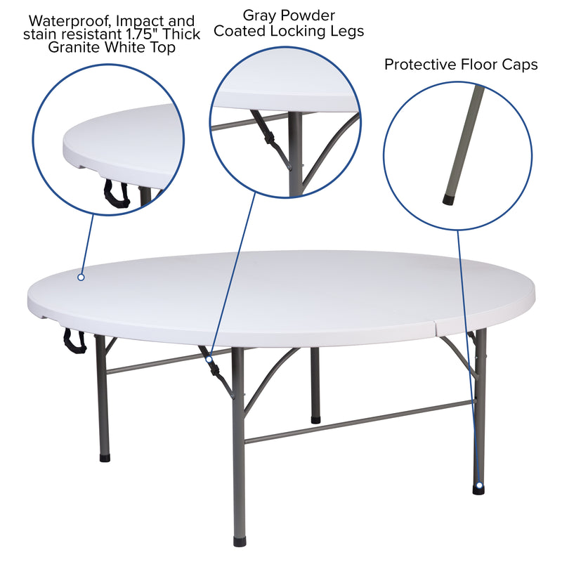 5.89-Foot Round Bi-Fold Granite White Plastic Banquet and Event Folding Table with Carrying Handle