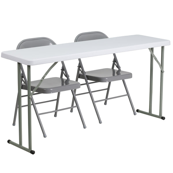 5-Foot Plastic Folding Training Table Set with 2 Gray Metal Folding Chairs