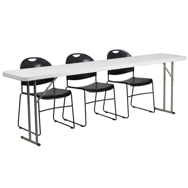 8-Foot Plastic Folding Training Table Set with 3 Black Plastic Stack Chairs