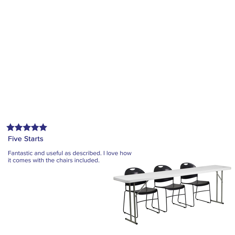 8-Foot Plastic Folding Training Table Set with 3 Black Plastic Stack Chairs