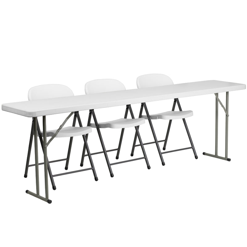 8-Foot Plastic Folding Training Table Set with 3 White Plastic Folding Chairs