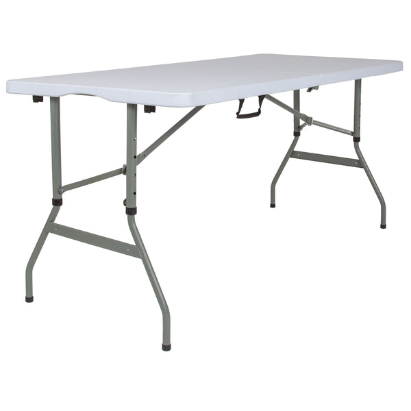 5-Foot Height Adjustable Bi-Fold Granite White Plastic Banquet and Event Folding Table with Carrying Handle