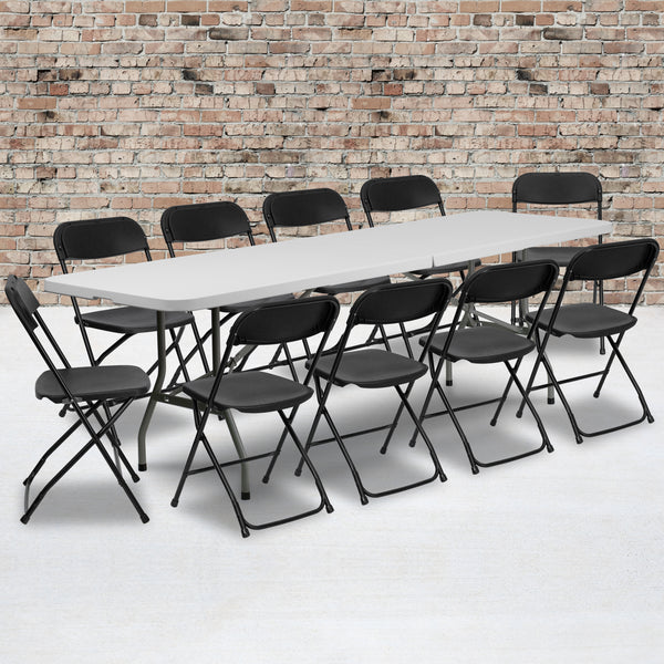 8' Bi-Fold Granite White Plastic Event/Training Folding Table Set with 10 Folding Chairs