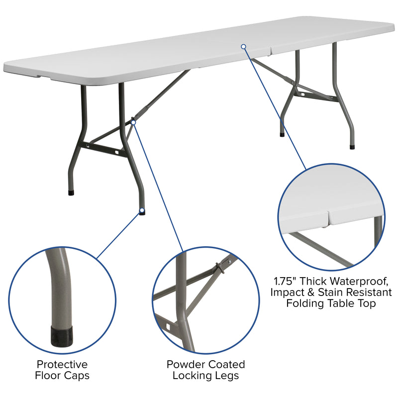 8' Bi-Fold Granite White Plastic Event/Training Folding Table Set with 10 Folding Chairs