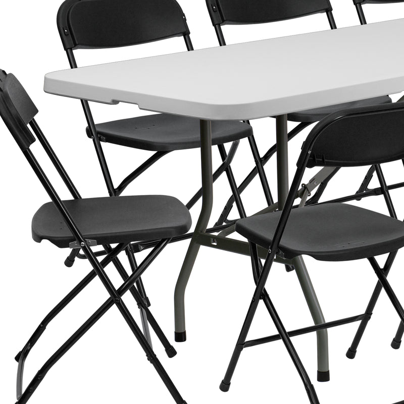 8' Bi-Fold Granite White Plastic Event/Training Folding Table Set with 10 Folding Chairs