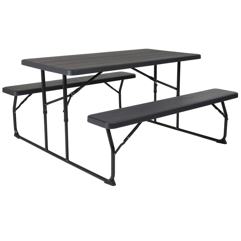 Insta-Fold Charcoal Wood Grain Folding Picnic Table and Benches - 4.5 Foot Folding Table