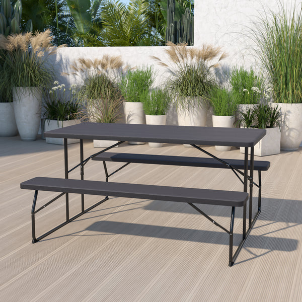 Insta-Fold Charcoal Wood Grain Folding Picnic Table and Benches - 4.5 Foot Folding Table