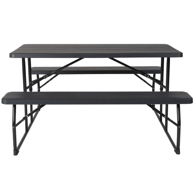 Insta-Fold Charcoal Wood Grain Folding Picnic Table and Benches - 4.5 Foot Folding Table