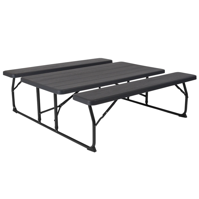 Insta-Fold Charcoal Wood Grain Folding Picnic Table and Benches - 4.5 Foot Folding Table