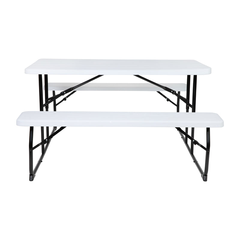 Insta-Fold White Wood Grain Folding Picnic Table and Benches - 4.5 Foot Folding Table