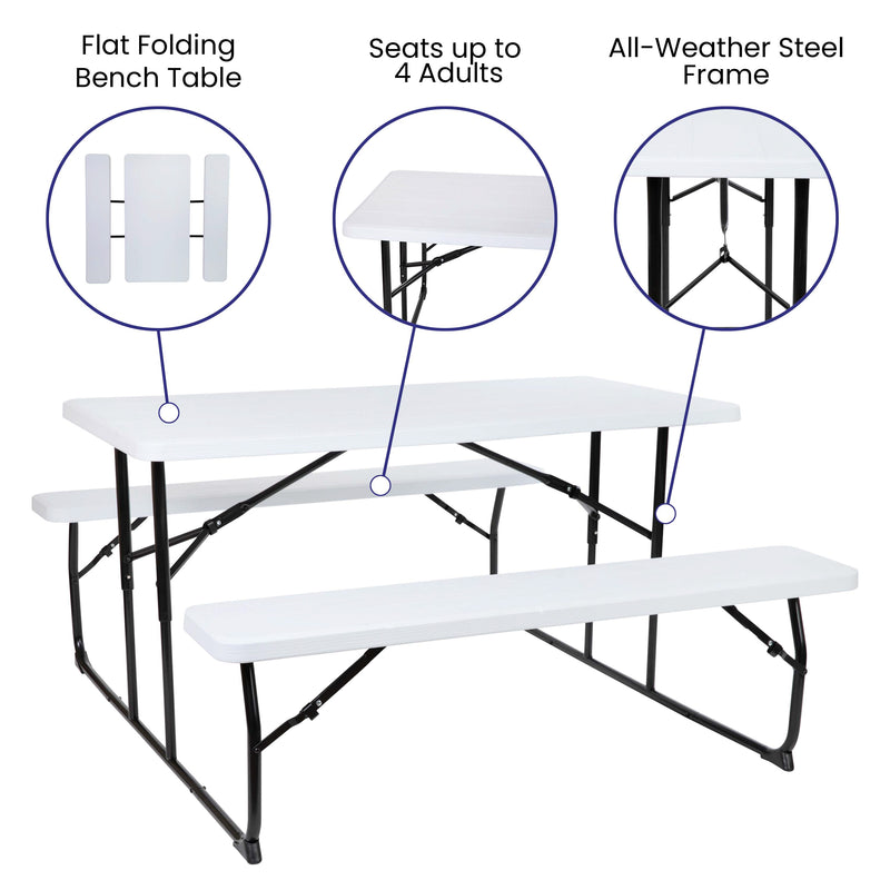 Insta-Fold White Wood Grain Folding Picnic Table and Benches - 4.5 Foot Folding Table