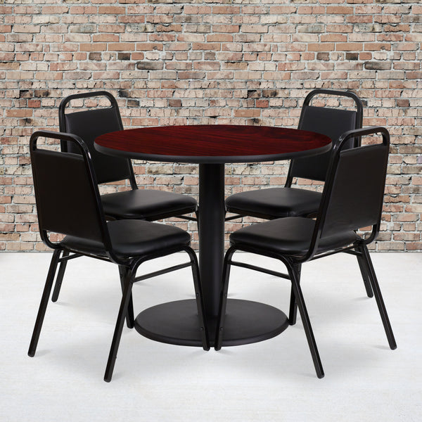 36'' Round Mahogany Laminate Table Set with Round Base and 4 Black Trapezoidal Back Banquet Chairs
