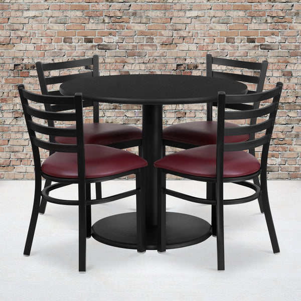 36'' Round Black Laminate Table Set with Round Base and 4 Ladder Back Metal Chairs - Burgundy Vinyl Seat