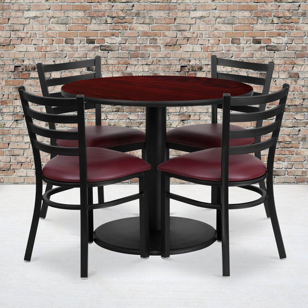36'' Round Mahogany Laminate Table Set with Round Base and 4 Ladder Back Metal Chairs - Burgundy Vinyl Seat